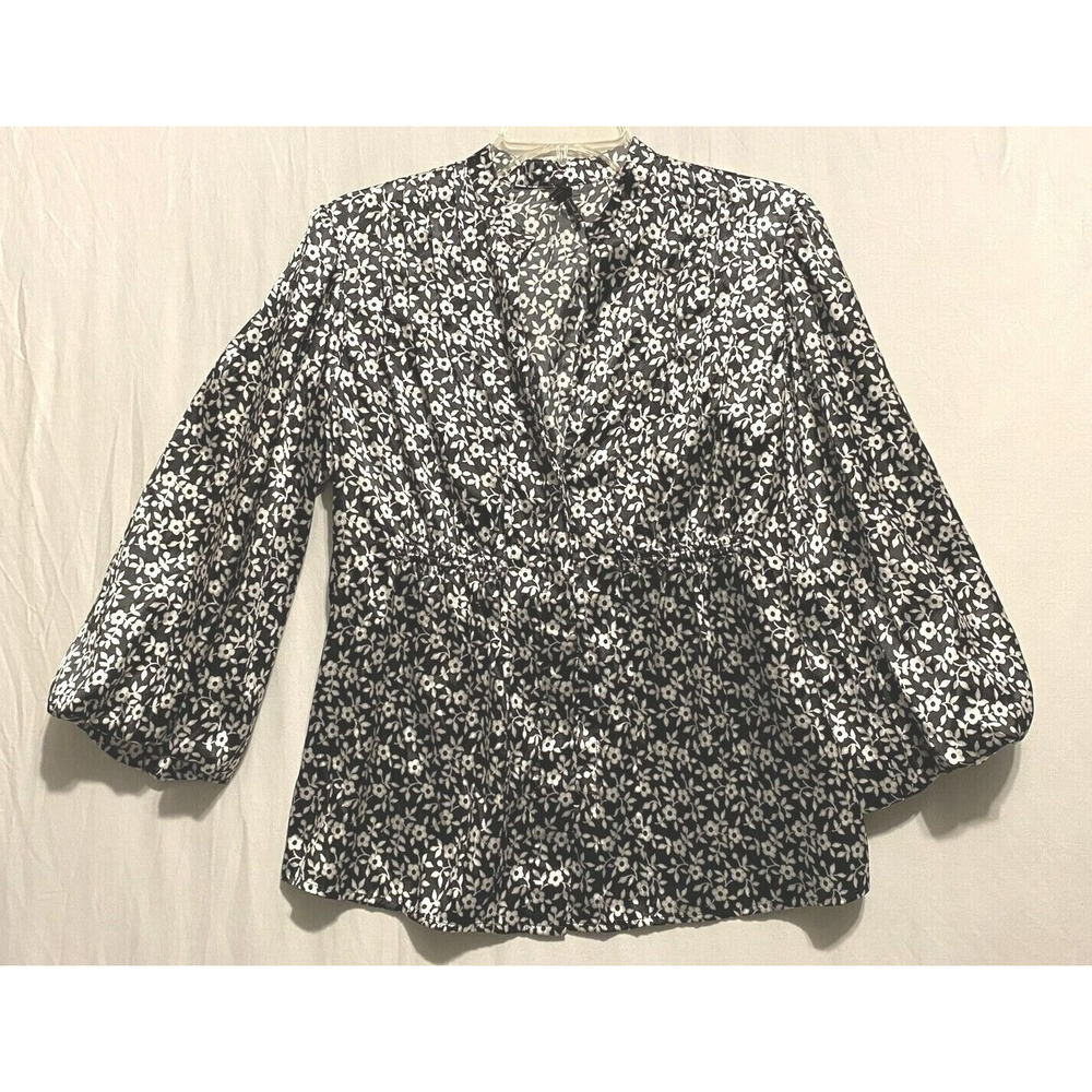 Lapis Satin Blouson Women Top M Black White Floral Pleat Shoulder Pullover Shirt